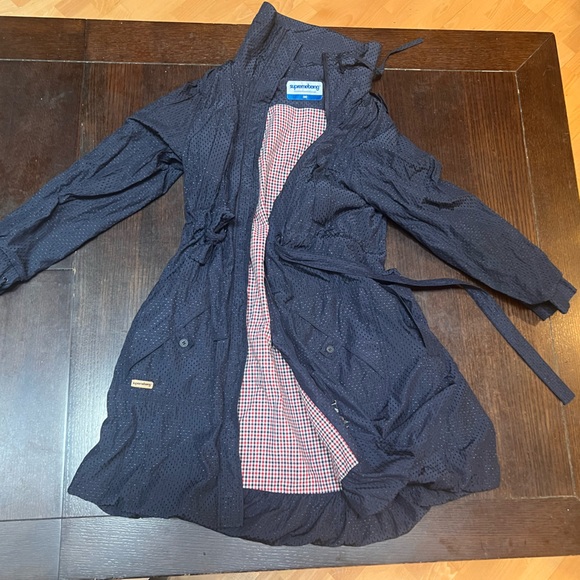 Vintage—Belted Blue Trench Jacket Textured Long High Collar Coat Plaid Lined—M - Picture 1 of 5